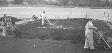 Photograph, Laying Turf Wicket at Jubilee Park, Ringwood. 1956 with accompanying Newspaper article