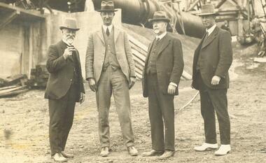 Photograph, Maroondah Dam construction 1923-24 - Capt E.T. Miles, Mr Trethowan, Mr W Everad and Mr A.T. Miles