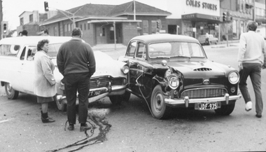 Photograph, 2 car Accident in front of Ringwood Post Office, cnr Whitehorse Rd and Ringwood St circa 1960s
