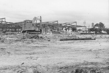 Photograph, Looking south from Bond Street Ringwood, across new market site.  Clock tower right centre. Ringwood 1982