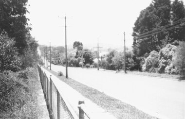Photograph, Looking north along Heatherdale Rd. from fence of state school. ...Loughies Hill in background. Heatherdale 1979