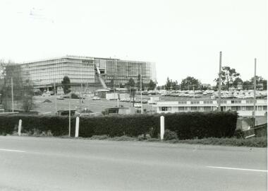 Photograph, Looking across bowling green to Eastland, Ringwood. Undated but possibly 1971-73