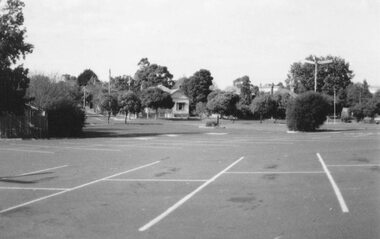 Photograph, Car park Eastland looking to new Minding Centre corner of Pratt St, Ringwood. Probably 1984