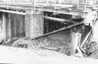 Photograph, Wrecking of old bridge Warrandyte Road. Ringwood. Probably 1986