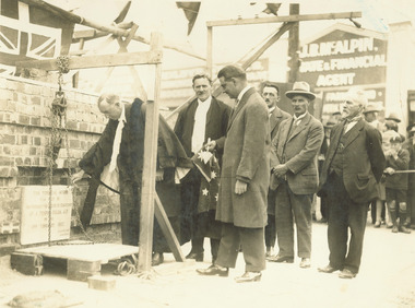 Photograph, Mayor A.T. Miles laying foundation stone of the Ringwood town hall - Corner of Main Street and Melbourne Street 19.2.1927