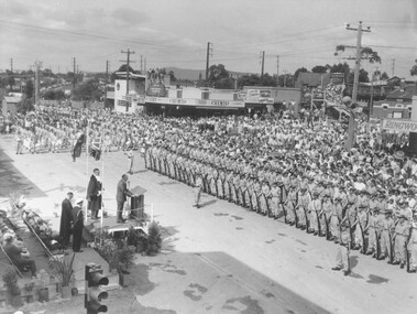Photograph, State Governor Sir Dallas Brooks declaring Ringwood a City outside Ringwood railway station, 1960