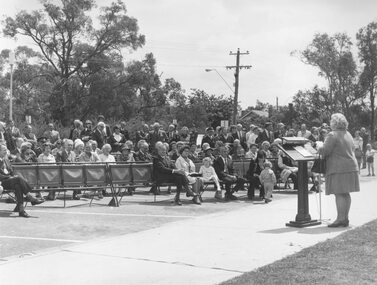 Photograph, 'Mrs. E.V. Pullin speaking at unveiling of plaque at Ringwood library 26.10.74