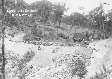 Photograph, Building the recreational man-made lake on the north side of Loughnans Hill: "Lake Loughnan".  (Undated)