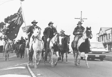 Photograph, Horsemen in Mt Dandenong Road Ringwood at the time of the Nunawading By-election 1982