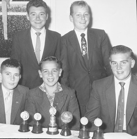 Photograph, Ringwood Cricket Club boys group with trophies (Sinclair, McLeod, Ford, Rodda and another).  Undated