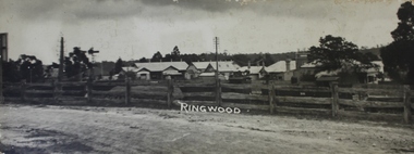 Photograph, View of buildings on Maroondah Highway, Ringwood, taken overlooking railway yard from Station Street and Greenwood Avenue - 1914