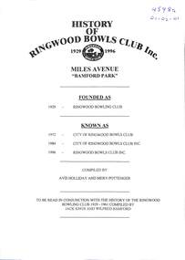 Book, History of Ringwood Bowls Club 1929 - 2004 (multiple different copies)