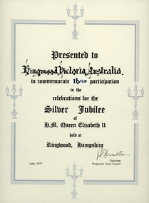 Certificate, HM Queen Elizabeth II Silver Jubilee Participation Certificate from Ringwood Town Council, Ringwood, Hampshire, England, Jun-77