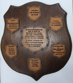 Plaque, Lionel's Leathercraft, Wooden shield with minor inscribed leather shields in acknowledgement of Parkwood High School year 12 staff 1984