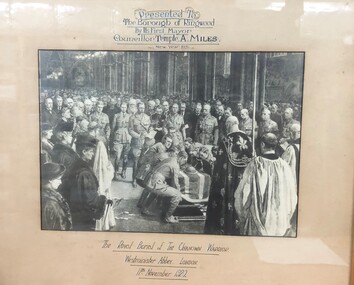 Picture, Framed commemorative English photograph (reproduction) presented to Borough of Ringwood by Councillor Temple A. Miles, first Mayor