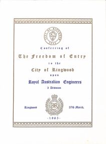 Booklet, Ringwood City Council, City of Ringwood - Freedom of Entry book for Royal Australian Engineers 3 Division, including history of the Division, 1965
