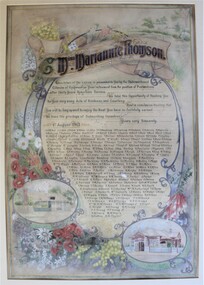 Award, Framed award to Miss Marianne Thomson, Postmistress, signed and presented by the citizens of Ringwood on her retirement after thirty years of service, 1st August, 1913, 1/08/1913