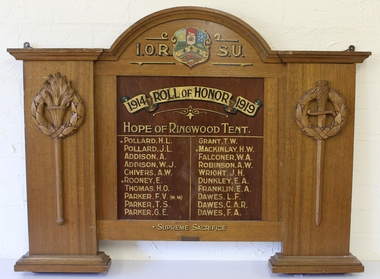 Honour Board, Carved timber Honour Board - Independent Order of Rechabites Salford Unity, Roll of Honour 1914-1919, Ringwood Tent, 1919