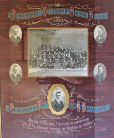 Honour Board, Framed commemorative board presented to Ringwood Citizens Brass Band Bandmaster, Mr. H Bradley, for services 1921-1923, 1923