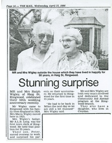 Newspaper - Clipping, 50th wedding anniversary of Ralph and Mavis Wigley, Haig Street Ringwood (Victoria) - 1986