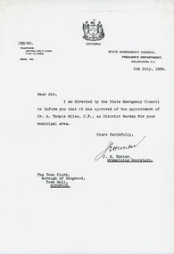 Letter, District Warden - Borough of Ringwood, Victoria - 1939, 5-Jul-39