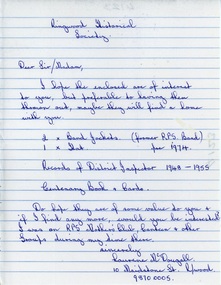 Document, Letter from Lawrence McDougall donating Ringwood Primary School band uniform and District Inspector records from 1948-1955, 2014