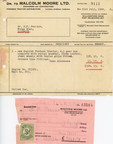 Financial record - Invoice and receipt, Sale of Fordson tractor, July, 1944