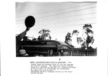 Photograph, Photo of Queen Elizabeth's visit to Melbourne 6 March 1954. The queen can just be seen in the photo taken at Ringwood railway station, 6-Mar-54