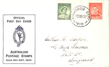 Memorabilia - Postage envelope, Official First Day Cover 1d and 2d stamps postmarked Ringwood East Victoria 10th May 1937, 10-May-37