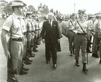 Photograph, Official opening of the Karralyka Centre, Mines Road, Ringwood on 19/4/1980 - Victorian Governor Sir Henry Winneke inspecting the Guard, 19-Apr-80