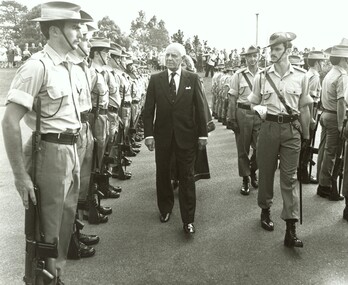 Newspaper, Official opening of the Karralyka Centre, Mines Road, Ringwood on 19/4/1980 - Victorian Governor Sir Henry Winneke inspecting the Guard, 19-Apr-80