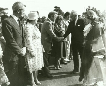 Photograph, Official opening of the Karralyka Centre, Mines Road, Ringwood on 19/4/1980 - Cr. Pat Gotlib (Mayor) and Victorian Governor Sir Henry Winneke greeting dignitaries, 19-Apr-80