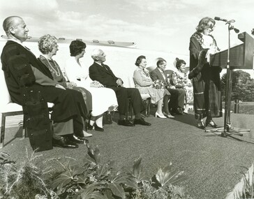 Photograph, Official opening of the Karralyka Centre, Mines Road, Ringwood on 19/4/1980 - Cr. Pat Gotlib (Mayor) addressing the gathering, 19-Apr-80