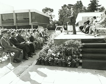 Photograph, Official opening of the Karralyka Centre, Mines Road, Ringwood on 19/4/1980 - Cr. Jack McRae, Chairman Civic Centre Committee addressing the gathering, 19-Apr-80
