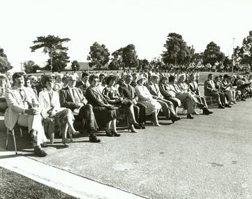 Photograph, Official opening of the Karralyka Centre, Mines Road, Ringwood on 19/4/1980 - Assembled guests and councillors. Shire Offices in background, 19-Apr-80