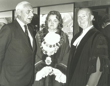 Photograph, Official opening of the Karralyka Centre, Mines Road, Ringwood on 19/4/1980 - L-R: Victorian Governor Sir Henry Winneke, Cr Pat Gotlib (Mayor), Arthur W Hall (Town Clerk), 19-Apr-80