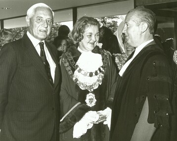 Photograph, Official opening of the Karralyka Centre, Mines Road, Ringwood on 19/4/1980 - L-R: Victorian Governor Sir Henry Winneke, Cr Pat Gotlib (Mayor), Arthur W Hall (Town Clerk), 19-Apr-80