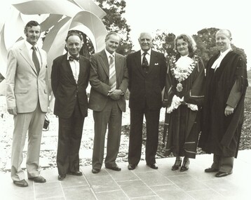 Photograph, Official opening of the Karralyka Centre, Mines Road, Ringwood on 19/4/1980 - L-R: A.C. Robertson (City Engineer), Harry Seidler (Architect), Cr Jack McRae, Victorian Governor Sir Henry Winneke, Cr Pat Gotlib (Mayor), Arthur W Hall (Town Clerk), 19-Apr-80