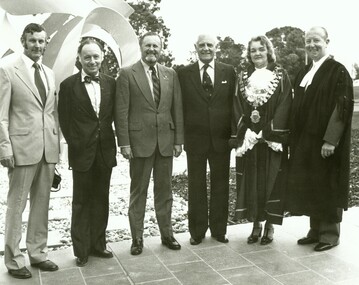 Photograph, Official opening of the Karralyka Centre, Mines Road, Ringwood on 19/4/1980 - L-R: A.C. Robertson (City Engineer), Harry Seidler (Architect), Cr Gerald Smart, Victorian Governor Sir Henry Winneke, Cr Pat Gotlib (Mayor), Arthur W Hall (Town Clerk), 19-Apr-80