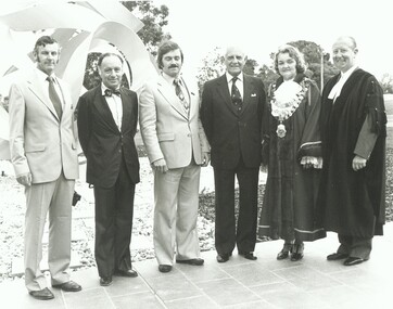 Photograph, Official opening of the Karralyka Centre, Mines Road, Ringwood on 19/4/1980 - L-R: A.C. Robertson (City Engineer), Harry Seidler (Architect), (name unknown), Victorian Governor Sir Henry Winneke, Cr Pat Gotlib (Mayor), Arthur W Hall (Town Clerk), 19-Apr-80