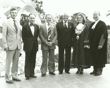 Photograph, Official opening of the Karralyka Centre, Mines Road, Ringwood on 19/4/1980 - L-R: A.C. Robertson (City Engineer), Harry Seidler (Architect), Cr Alan E Henderson, Victorian Governor Sir Henry Winneke, Cr Pat Gotlib (Mayor), Arthur W Hall (Town Clerk), 19-Apr-80