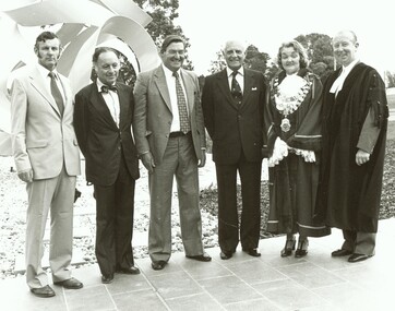 Photograph, Official opening of the Karralyka Centre, Mines Road, Ringwood on 19/4/1980 - L-R: A.C. Robertson (City Engineer), Harry Seidler (Architect), Cr Frank Corr, Victorian Governor Sir Henry Winneke, Cr Pat Gotlib (Mayor), Arthur W Hall (Town Clerk), 19-Apr-80