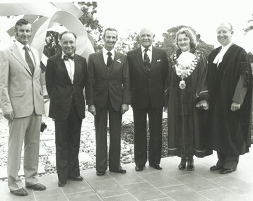 Photograph, Official opening of the Karralyka Centre, Mines Road, Ringwood on 19/4/1980 - L-R: A.C. Robertson (City Engineer), Harry Seidler (Architect), Cr W.R. Wilkins, Victorian Governor Sir Henry Winneke, Cr Pat Gotlib (Mayor), Arthur W Hall (Town Clerk), 19-Apr-80