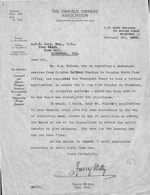 Letter, Letter from Harry Witty (Omnibus Owners Assoc.) A.F.B. Long, Town Clerk, Ringwood, re application to run a bus from Croydon to Ringwood. 3 Feb 1939, 3-Feb-39