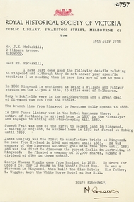 Letter, Letter from M. Greaves of the Royal Historical Society of Victoria to Mr J.K. McCaskill outlining a small number of aspects of early settlement of Ringwood, 16-Jul-58