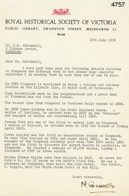 Document - Letter, Letter from M. Greaves of the Royal Historical Society of Victoria to Mr J.K. McCaskill outlining a small number of aspects of early settlement of Ringwood, 16-Jul-58