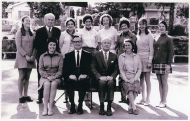 Photographs, School photographs associated with Nesta Potts and Alfred Potts, including Staff photograph circa 1969 Heathmont East Primary School - Alfred Potts in the front row wearing glasses, Nesta in front row right, with Head Teacher (Angus MacCallum?) between them.  Of interest is the late Joan Kirner (former Premier of Victoria, d.2015) third from the right, back row