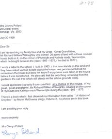 Letter, Archived copy of letter dated 20 July 1999 from Glenys Pollard researching Mr Richard William Willoughby living in Ringwood area from 1865 to 1877