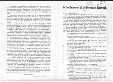 Newspaper, Newspaper Report: To the Ratepayers of Borough of Ringwood by A Temple Miles, 1924 (Candidate for first Borough Council)