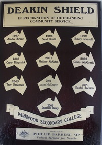 Plaque, Deakin Shield - In Recognition Of Outstanding Community Service - Parkwood Secondary College Ringwood North